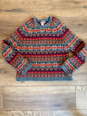 Vintage EMS Wool Multicolor Fair Isle V-Neck Sweater - Women's Medium